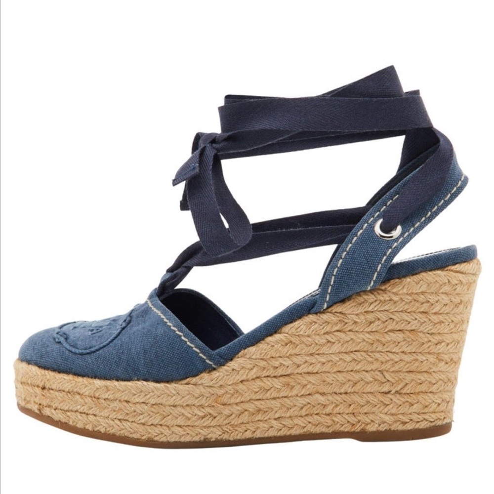 Prada Navy Blue Denim Espadrille Wedge Ankle Tie Pumps Size 39